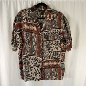 Options Melrose 100% Silk Button Down Shirt Men's Medium Brown Printed Collared